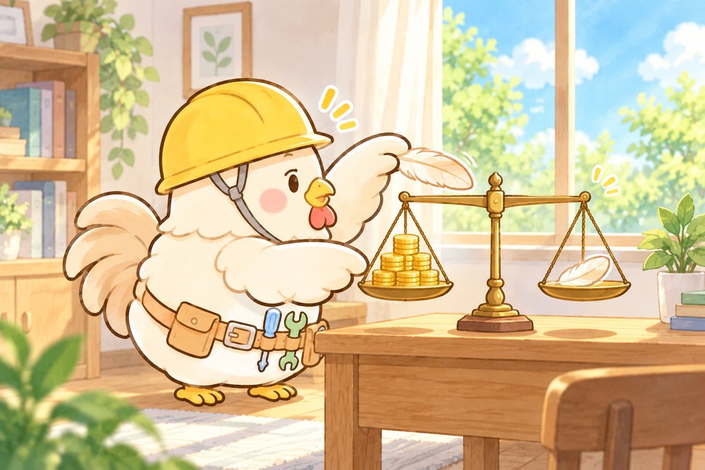 しっぽの羽をのせて天秤を釣り合わせるニワトリのナビ助