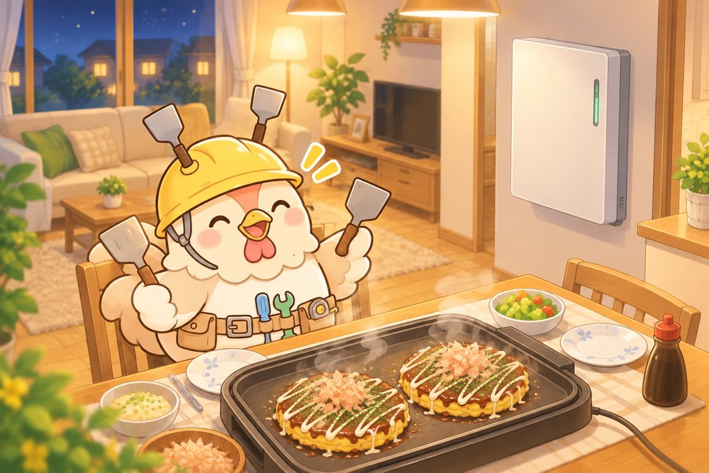 蓄電池の電気で夜にお好み焼きを楽しむニワトリのナビ助