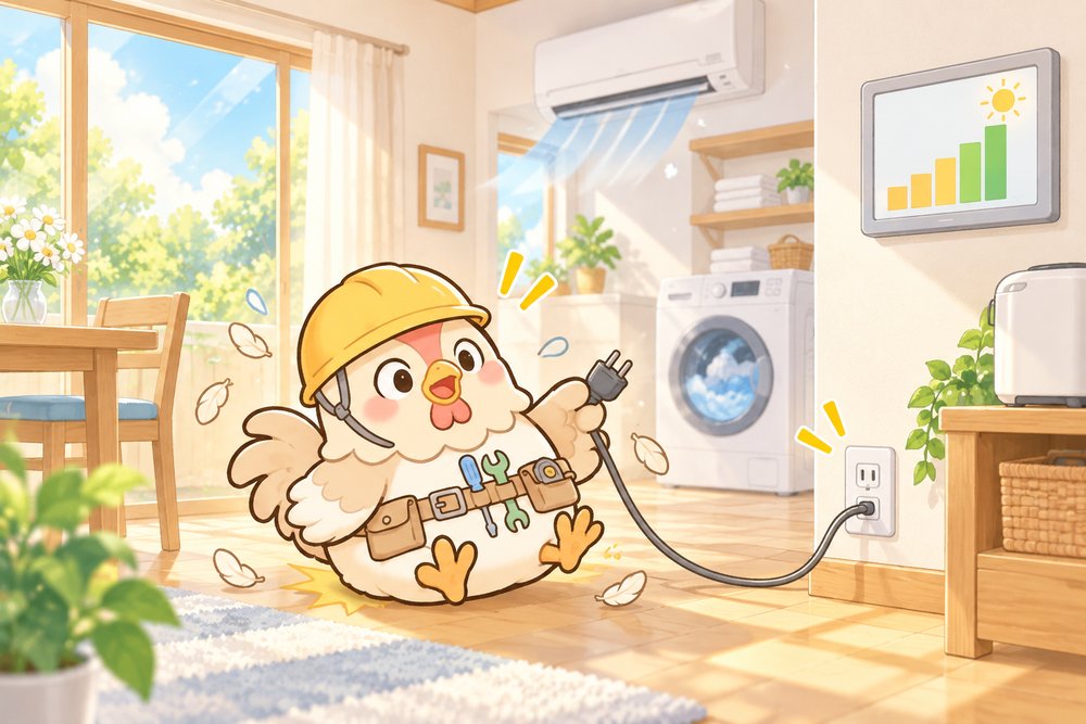 コンセントを抜いてしりもちをつくニワトリのナビ助