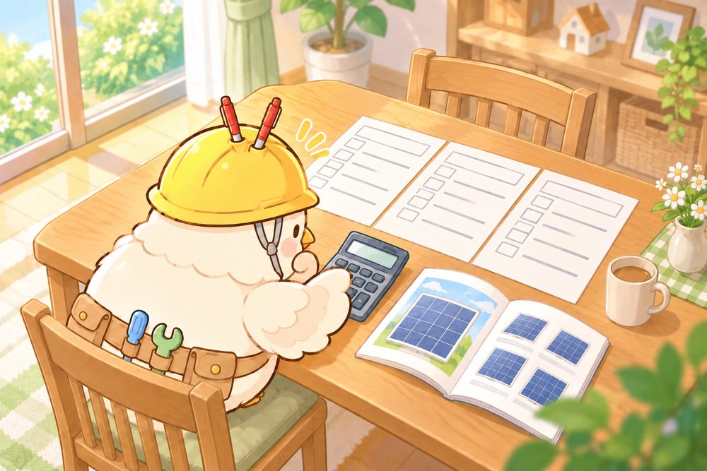 太陽光の見積書を並べて電卓で比べるナビ助
