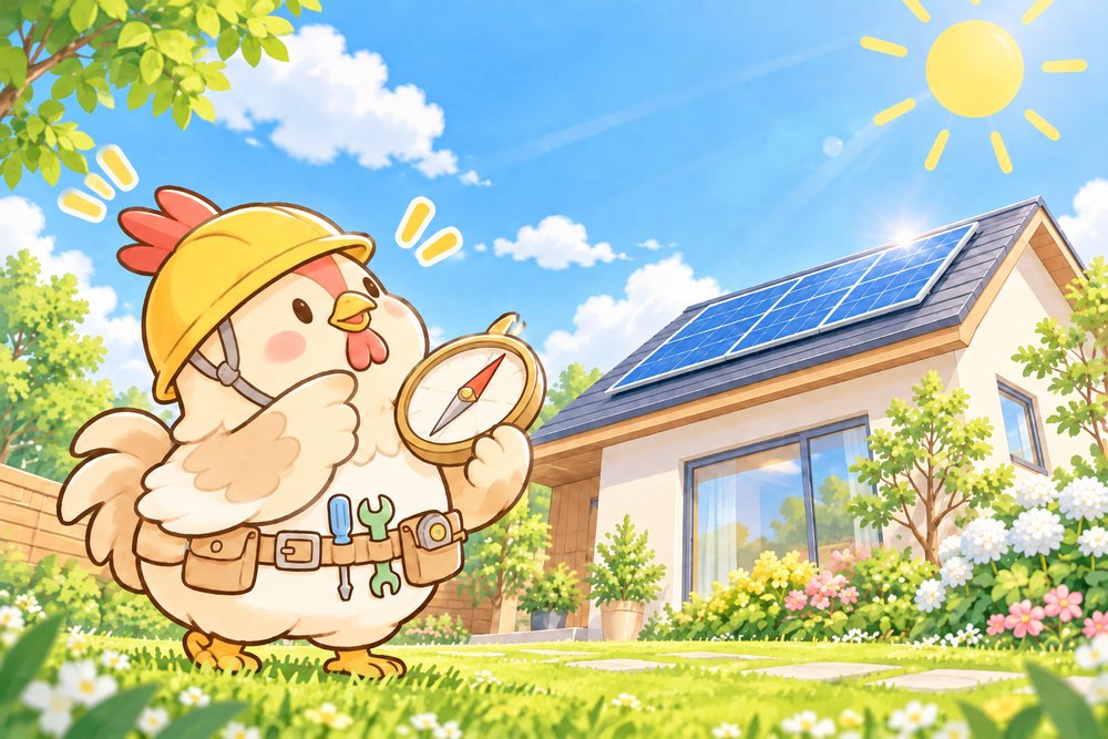 方位磁針で太陽とパネルの向きを見くらべるニワトリのナビ助