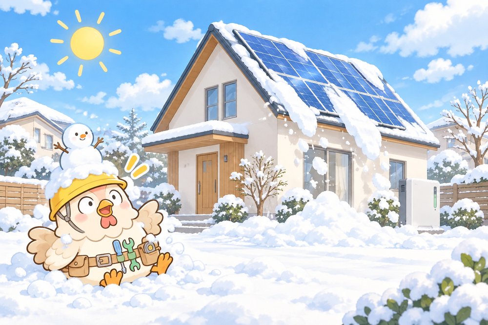パネルから滑り落ちた雪をかぶって驚くニワトリのナビ助