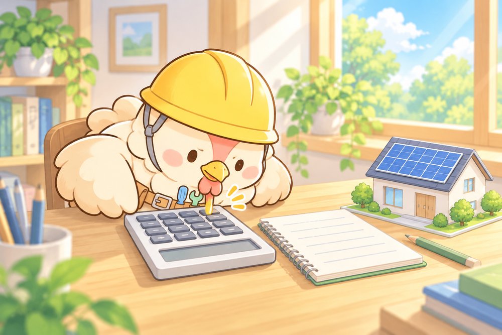 くちばしで電卓をつついて発電量を計算するニワトリのナビ助