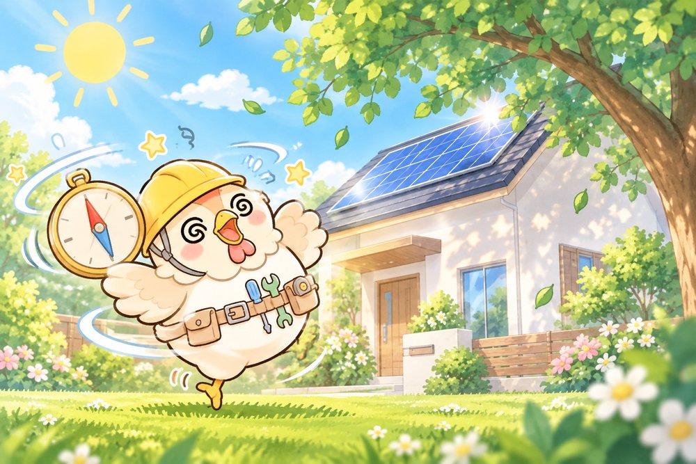 方位磁石につられて目を回すニワトリのナビ助