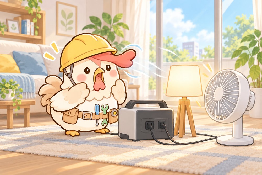 ポータブル電源で家電を動かすニワトリのナビ助