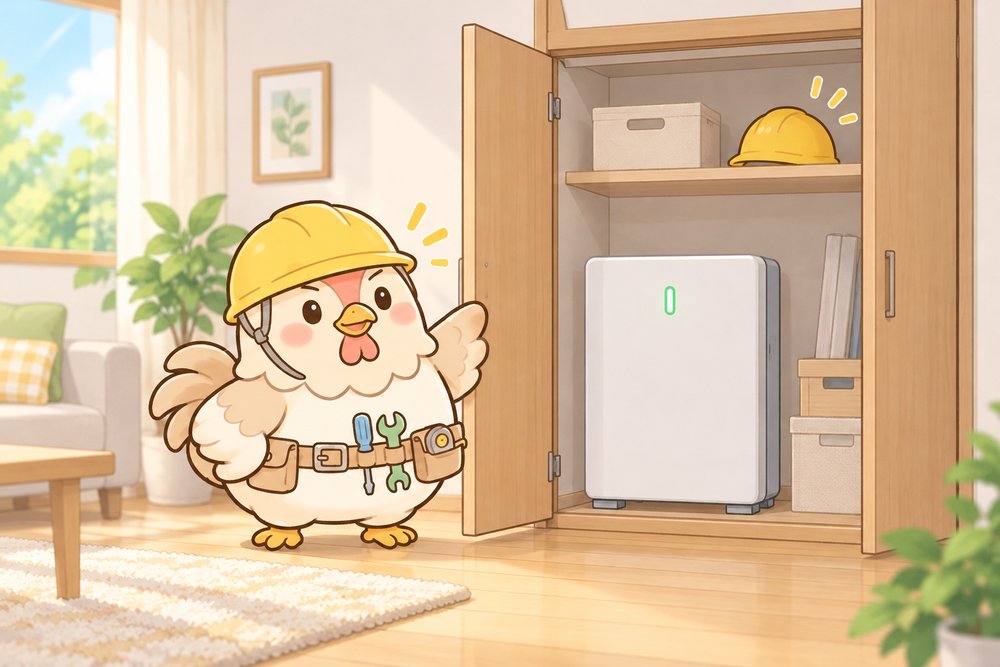 クローゼットにおさまった蓄電池を見せるニワトリのナビ助