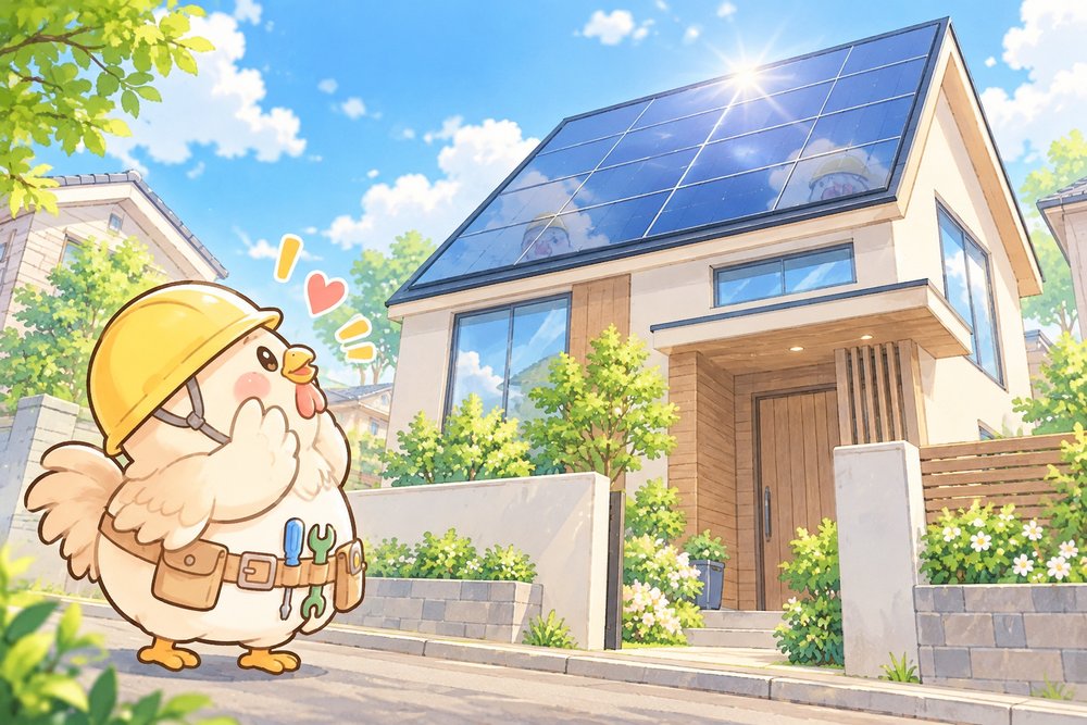 すっきりした屋根一体型の家を見上げてうっとりするニワトリのナビ助