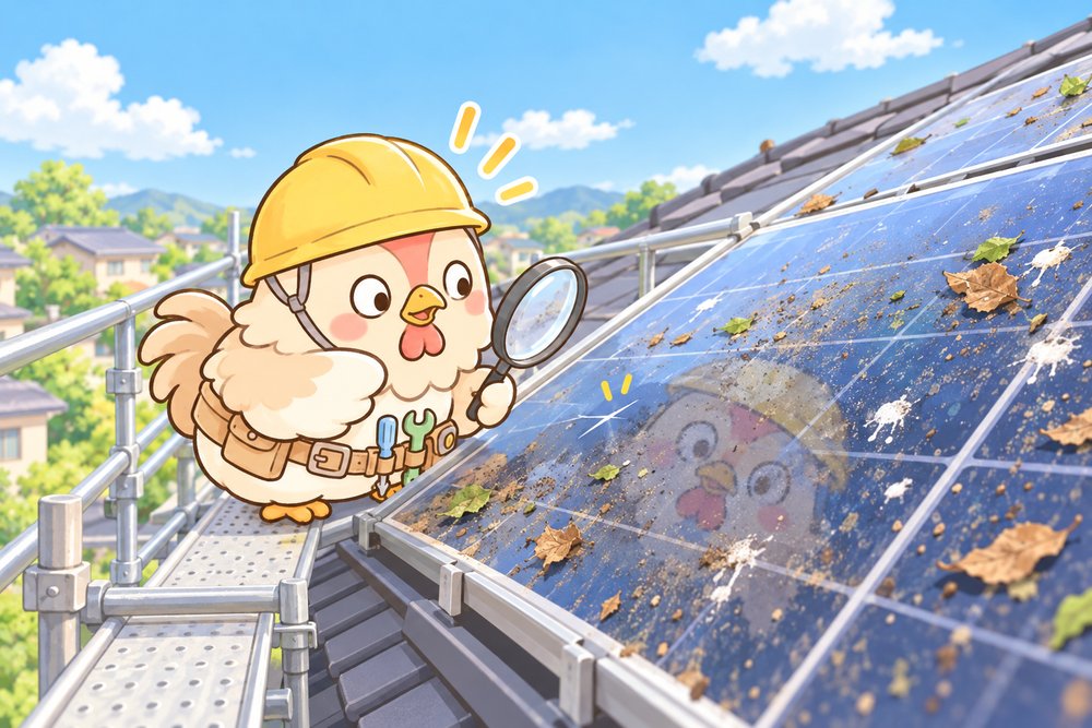 屋根の太陽光パネルの汚れを虫めがねで調べるナビ助