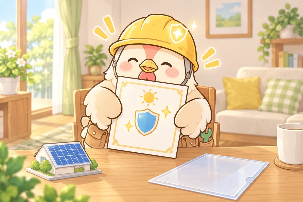 太陽光パネルの保証書を確認してほっとするナビ助