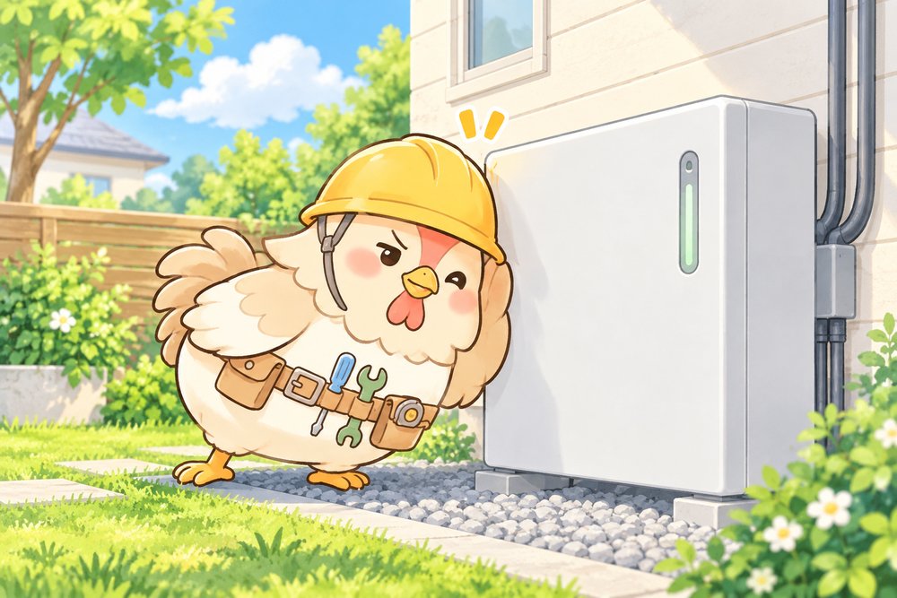 蓄電池の音を聞いて確かめるニワトリのナビ助