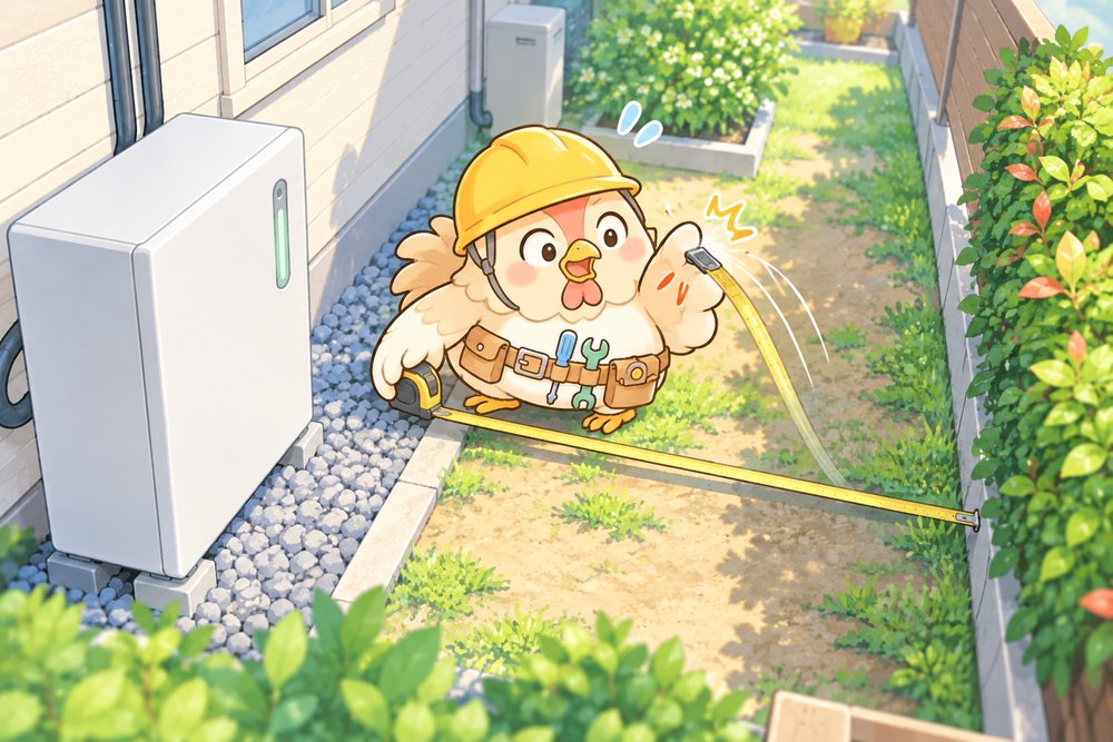蓄電池からとなりの家までの距離を測るニワトリのナビ助