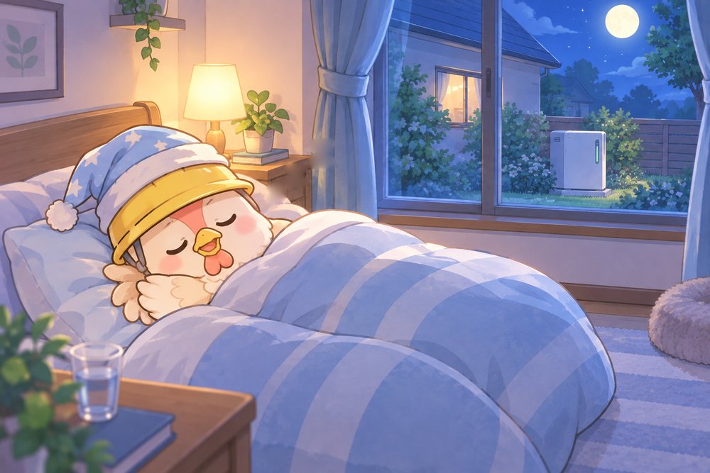 静かな夜にぐっすり眠るニワトリのナビ助