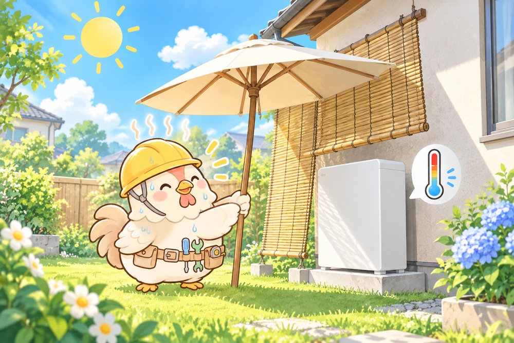 真夏に蓄電池を日陰にしてあげるナビ助