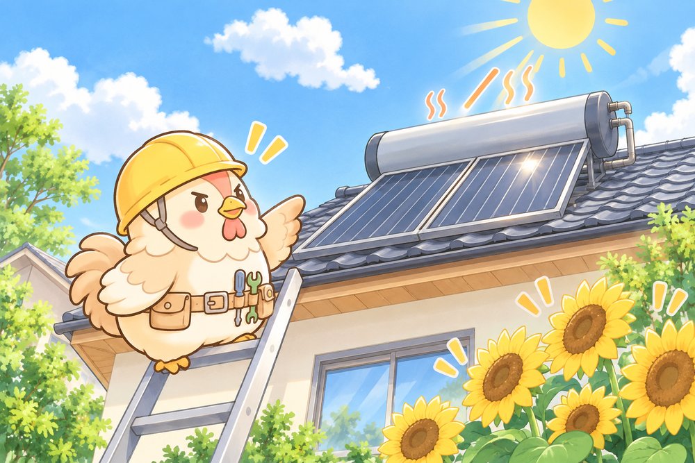 はしごの上から太陽熱温水器を指さすニワトリのナビ助