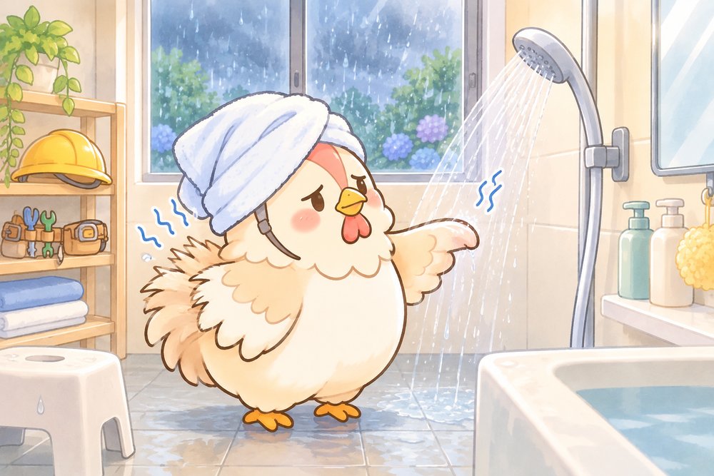 雨の日にシャワーのぬるさに困るニワトリのナビ助