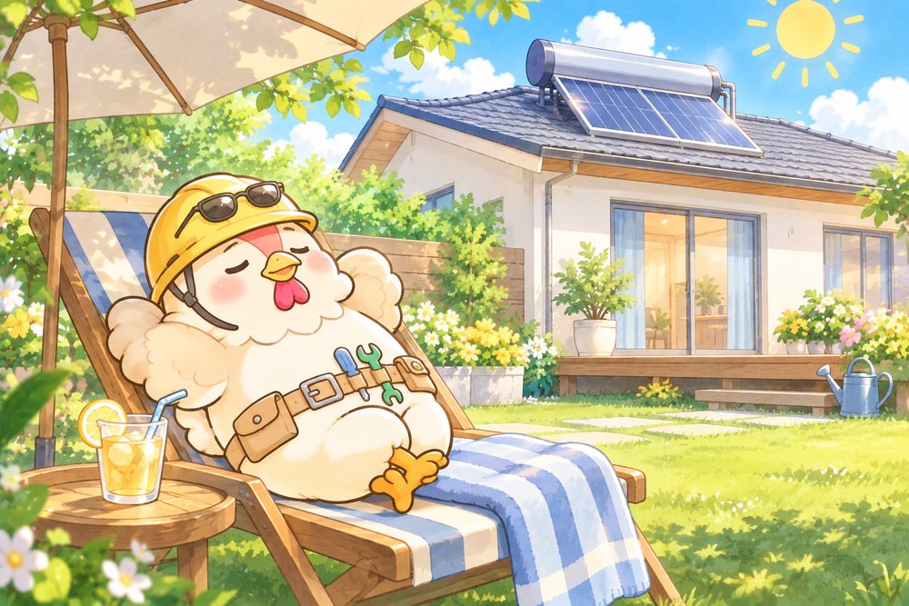 デッキチェアで日なたぼっこするニワトリのナビ助