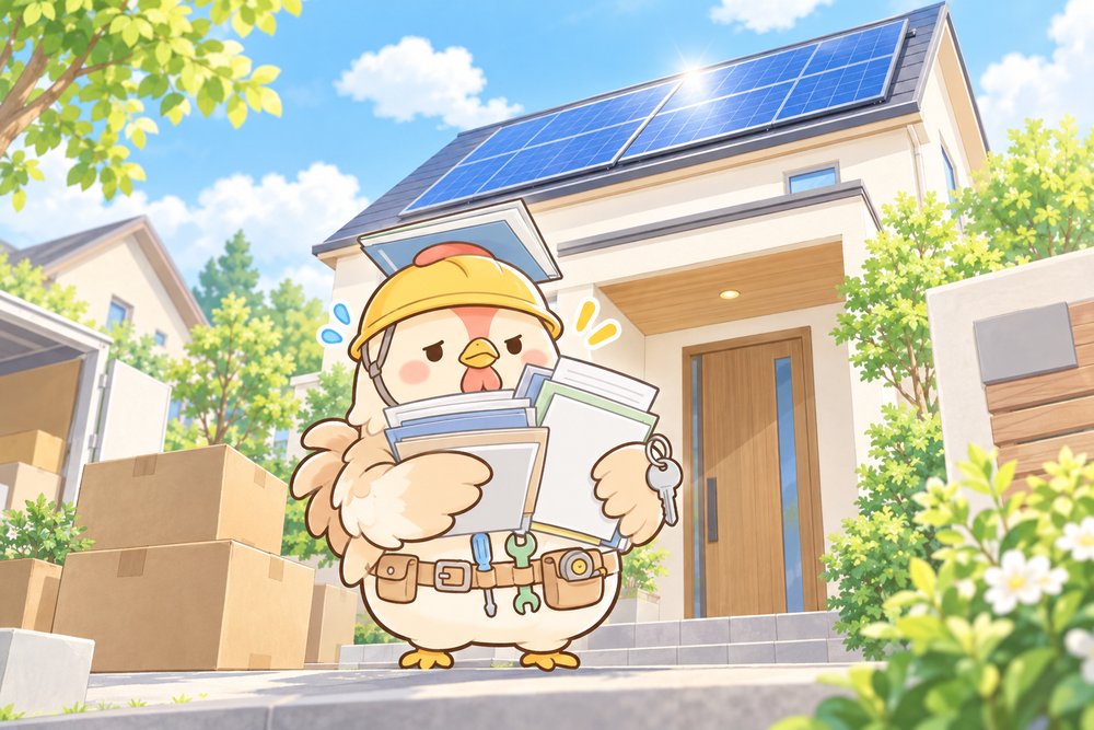中古住宅の前で太陽光の書類の束を抱えるニワトリのナビ助