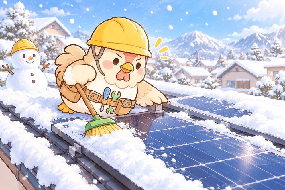 雪の屋根で太陽光パネルを点検するニワトリのナビ助