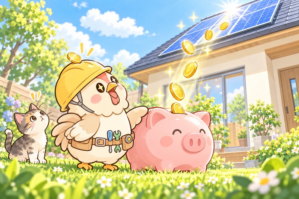 太陽光パネルからのコインを貯金箱に集めるニワトリのナビ助