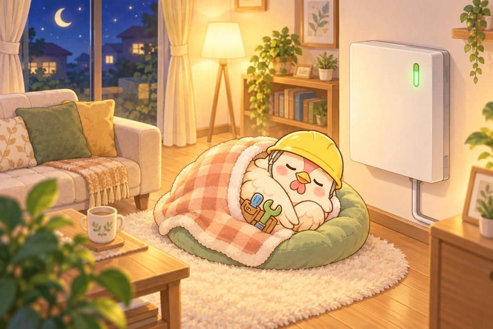 蓄電池のそばで毛布にくるまって眠るニワトリのナビ助
