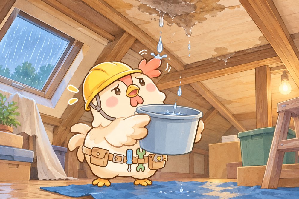 屋根裏で雨もりをバケツで受けるニワトリのナビ助