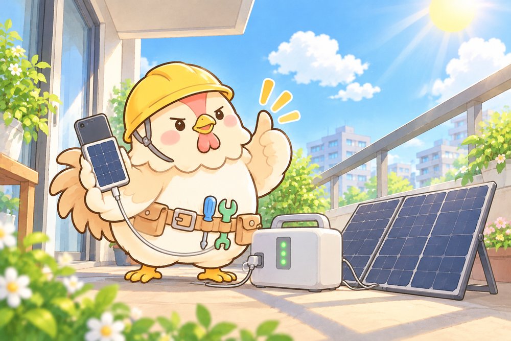 ポータブル電源を充電して得意げなニワトリのナビ助